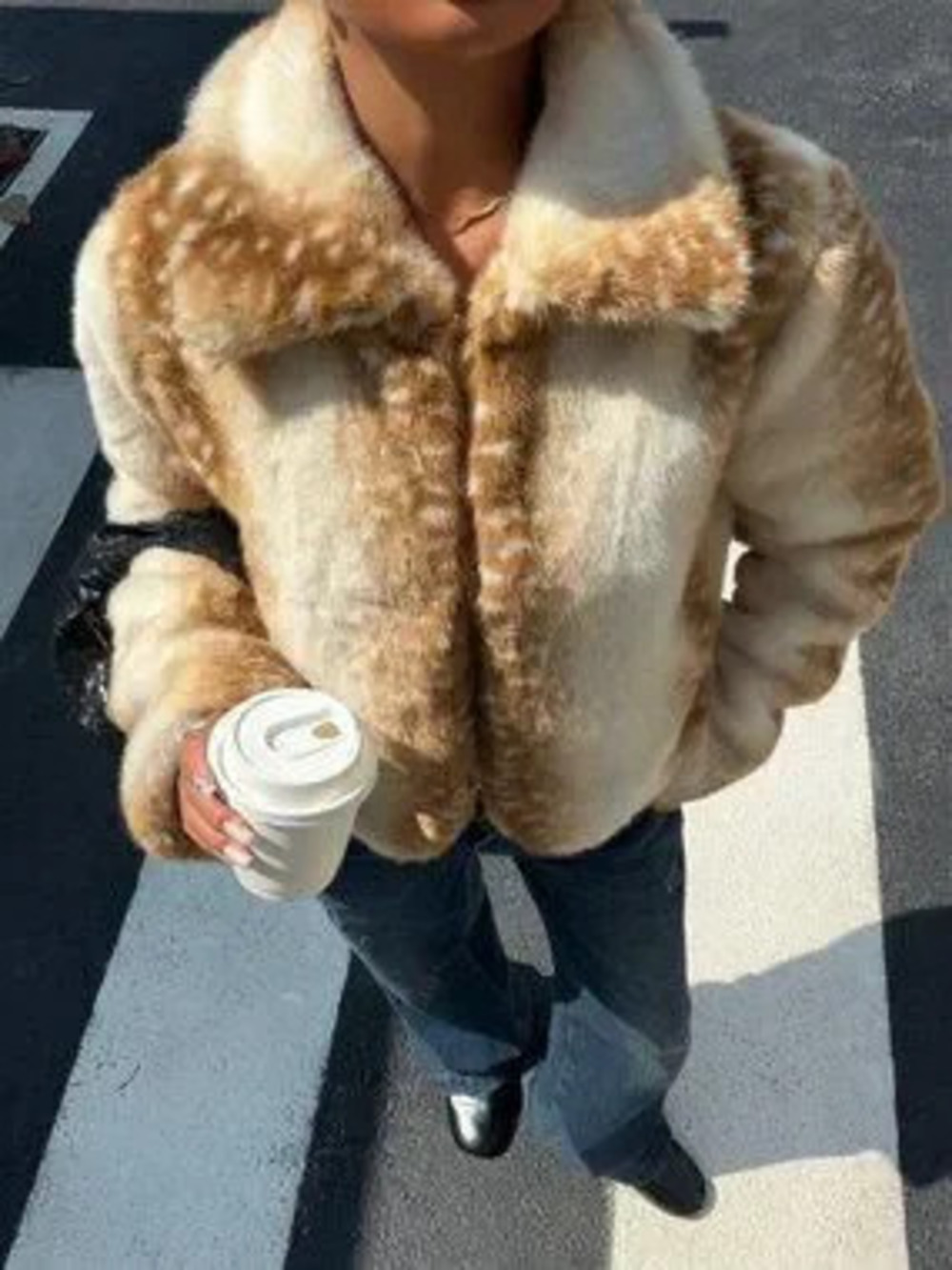 ZARA Multicolor Casual Women's Deer Print Faux Fur Coat